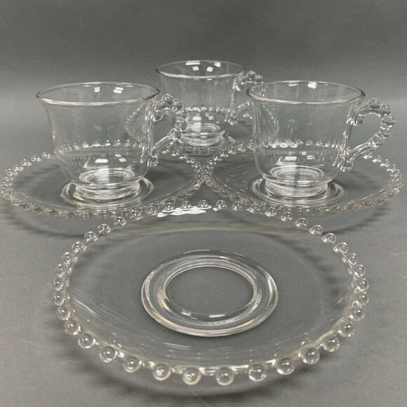 Ohio Imperial Glass Cups and Saucers Clear Beaded Candlewick Lot of 7 - Picture 3 of 6